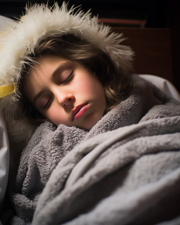 a young girl is sleeping in a bedの素材