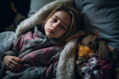 a young girl laying in bed with stuffed animalsの素材