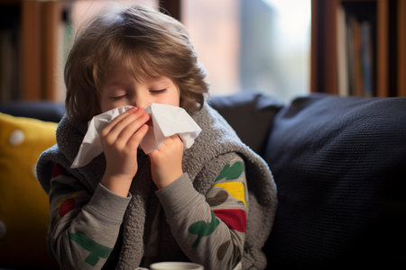 a young boy blowing his nose while sitting on a couchの素材