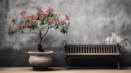 a bench and a tree in front of a wallの素材