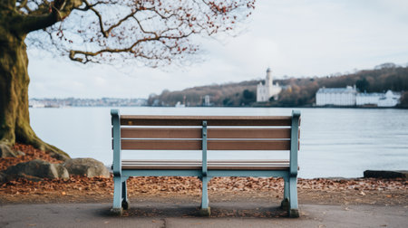 a bench sitting in front of a body of waterの素材