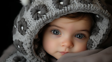 a baby wearing a knitted hoodie and looking at the cameraの素材
