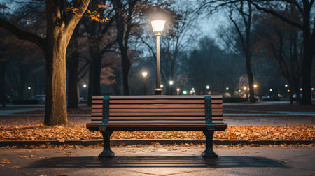 a bench sitting in the middle of a park at nightの素材