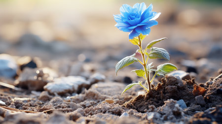 a blue flower is growing out of the groundの素材