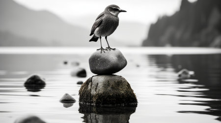 a bird is standing on top of a rock in the waterの素材