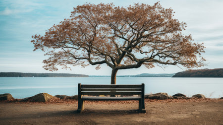 a bench under a tree by a lakeの素材