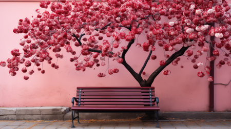 a bench under a pink treeの素材