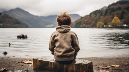 a boy sitting on a log by a lake with mountains in the backgroundの素材