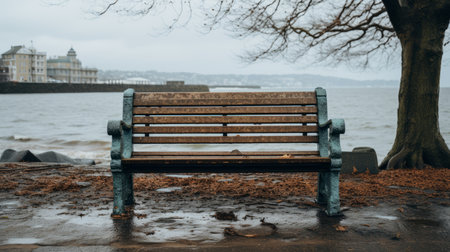 a bench sitting on a wet ground next to a body of waterの素材