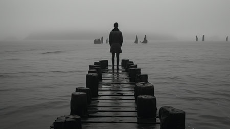 a black and white photo of a person standing on a pierの素材