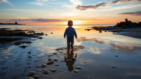 a child walking on the beach at sunsetの素材