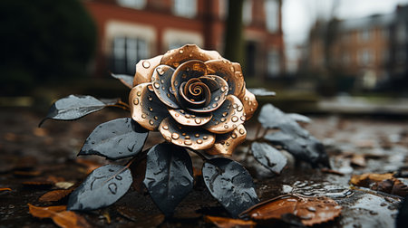 a bronze rose sits on the ground in front of a buildingの素材
