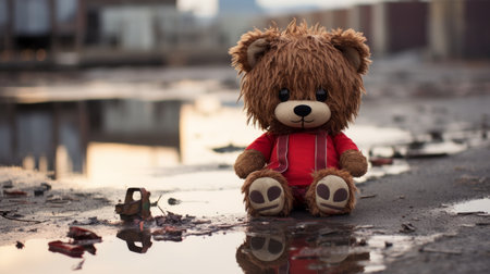 a brown teddy bear sitting in a puddle of waterの素材