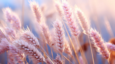 a close up of a field of wheat with the sun in the backgroundの素材