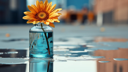 a blue vase with a yellow flower in itの素材