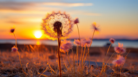 a dandelion is blowing in the wind at sunsetの素材