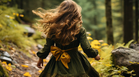a girl in a green dress walking through a forestの素材