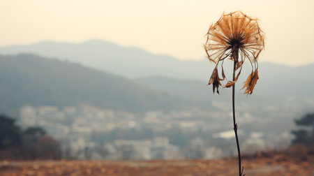 a dead plant in the middle of a field with mountains in the backgroundの素材