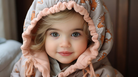 a little girl wearing a hooded jacket and looking at the cameraの素材
