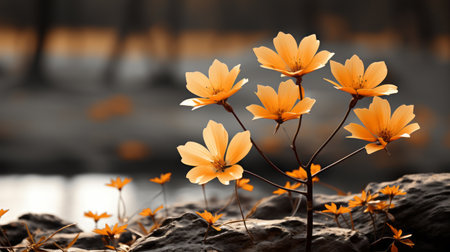a group of orange flowers in the middle of a fieldの素材
