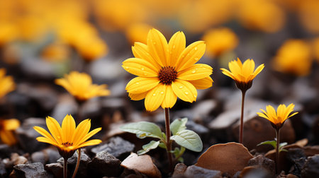 a group of yellow flowers growing out of the groundの素材