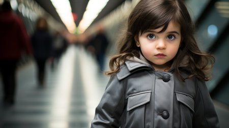a little girl in a coat standing in an empty hallwayの素材