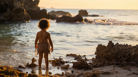 a little boy standing on the beach at sunsetの素材