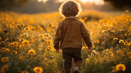 a little boy walking through a field of sunflowersの素材