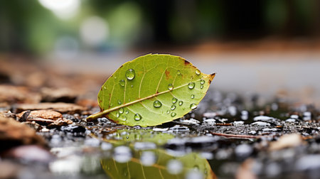a leaf sits on the ground with water droplets on itの素材