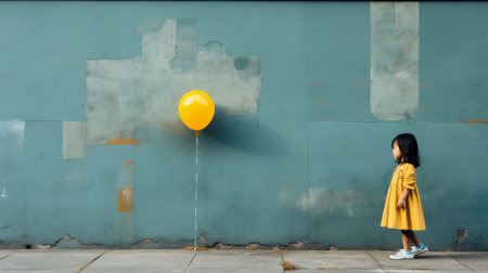 a little girl standing in front of a blue wall with a yellow balloonの素材