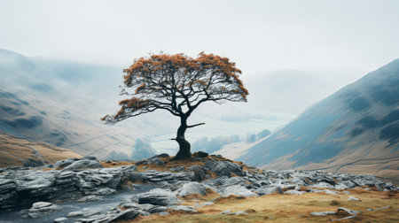 a lone tree in the middle of a mountain rangeの素材