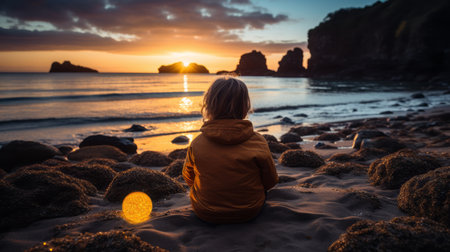 a person sitting on the beach watching the sun setの素材