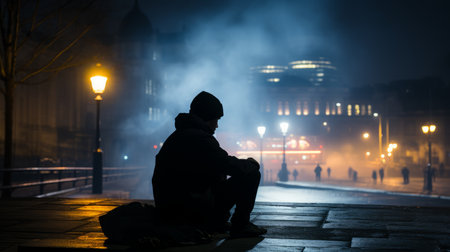 a person sitting on the ground in front of a city at nightの素材
