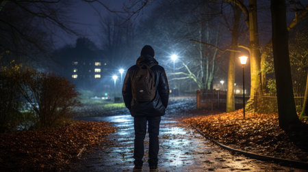 a person with a backpack walking down a path at nightの素材