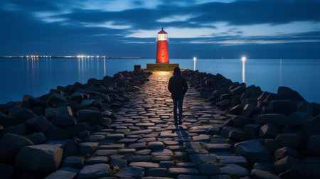 a person standing on a stone walkway next to a lighthouseの素材