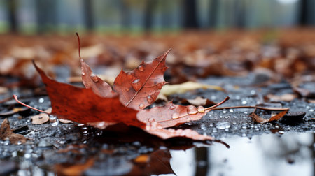 a red maple leaf laying on the ground in a puddle of waterの素材