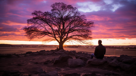 a person sitting under a tree at sunsetの素材