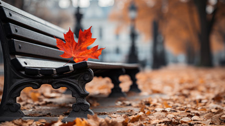 a red maple leaf sits on a park benchの素材