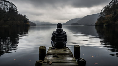 a person sitting on a dock in front of a lakeの素材