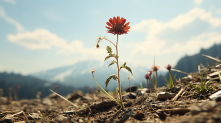 a single red flower growing in the middle of a fieldの素材