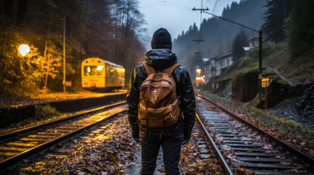 a man with a backpack standing on a train track at nightの素材