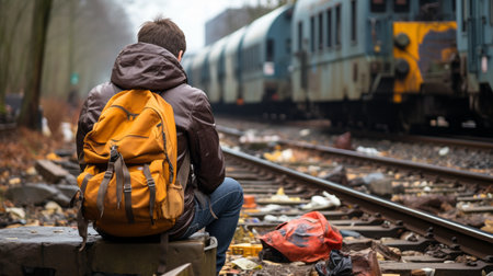 a person sitting on the tracks with a backpackの素材