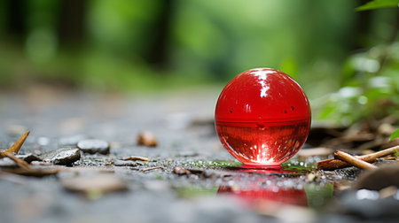 a red glass ball sitting on the ground in the woodsの素材