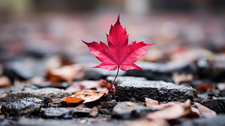 a red maple leaf sits on top of a pile of fallen leavesの素材