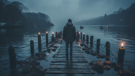 a person standing on a dock with candles in the waterの素材