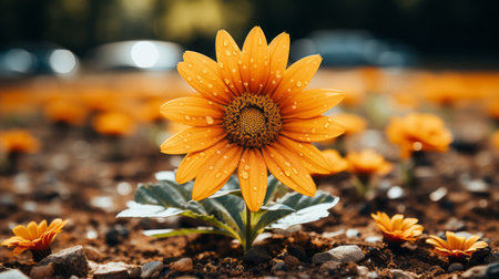 a single orange sunflower in the middle of a fieldの素材