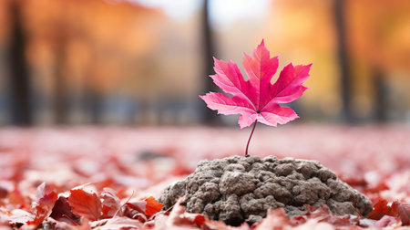 a red maple leaf is growing out of a pile of leavesの素材