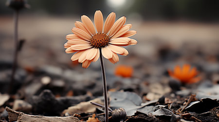 a single orange flower is standing out in the middle of a fieldの素材