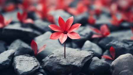 a single red flower growing out of a pile of rocksの素材