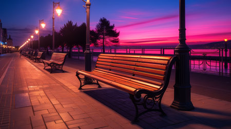 a row of wooden benches on a sidewalk at duskの素材